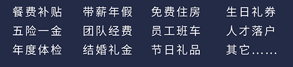 JDB电子员工福利：餐费补助、五险一金、年度体检、带薪年假、团队经费、成婚礼金、免费住房、员工班车、节日礼物、生日礼券、人才落户、其它……